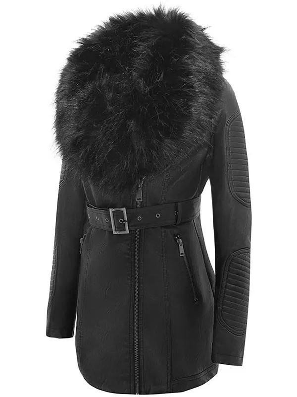 Ladies PU autumn/winter leather jacket with detachable faux fur collar