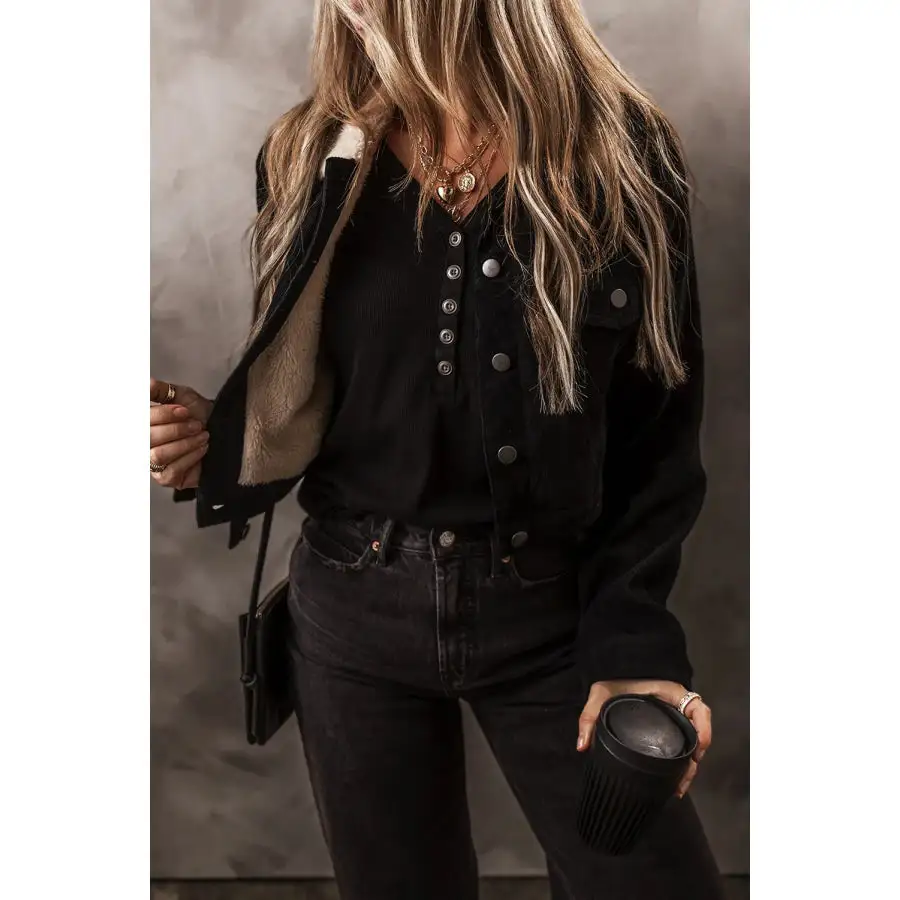Fuzzy Collared Neck Button Down Jacket