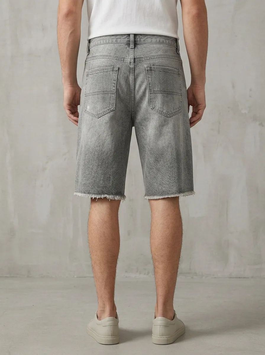 Men's Relaxed Geometric Distressed Raw Hem Street Inspired Distressed Denim Shorts