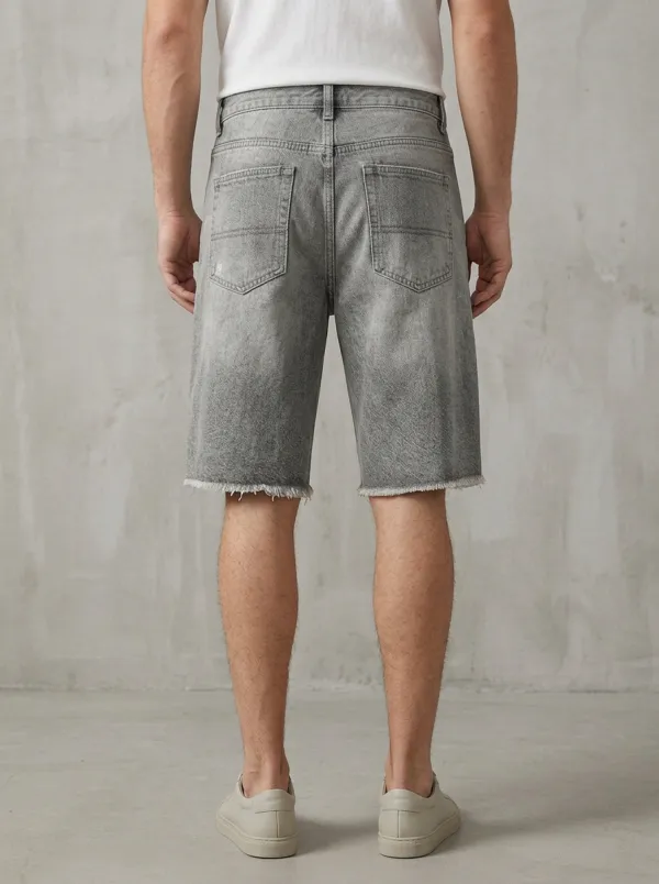 Men's Relaxed Geometric Distressed Raw Hem Street Inspired Distressed Denim Shorts