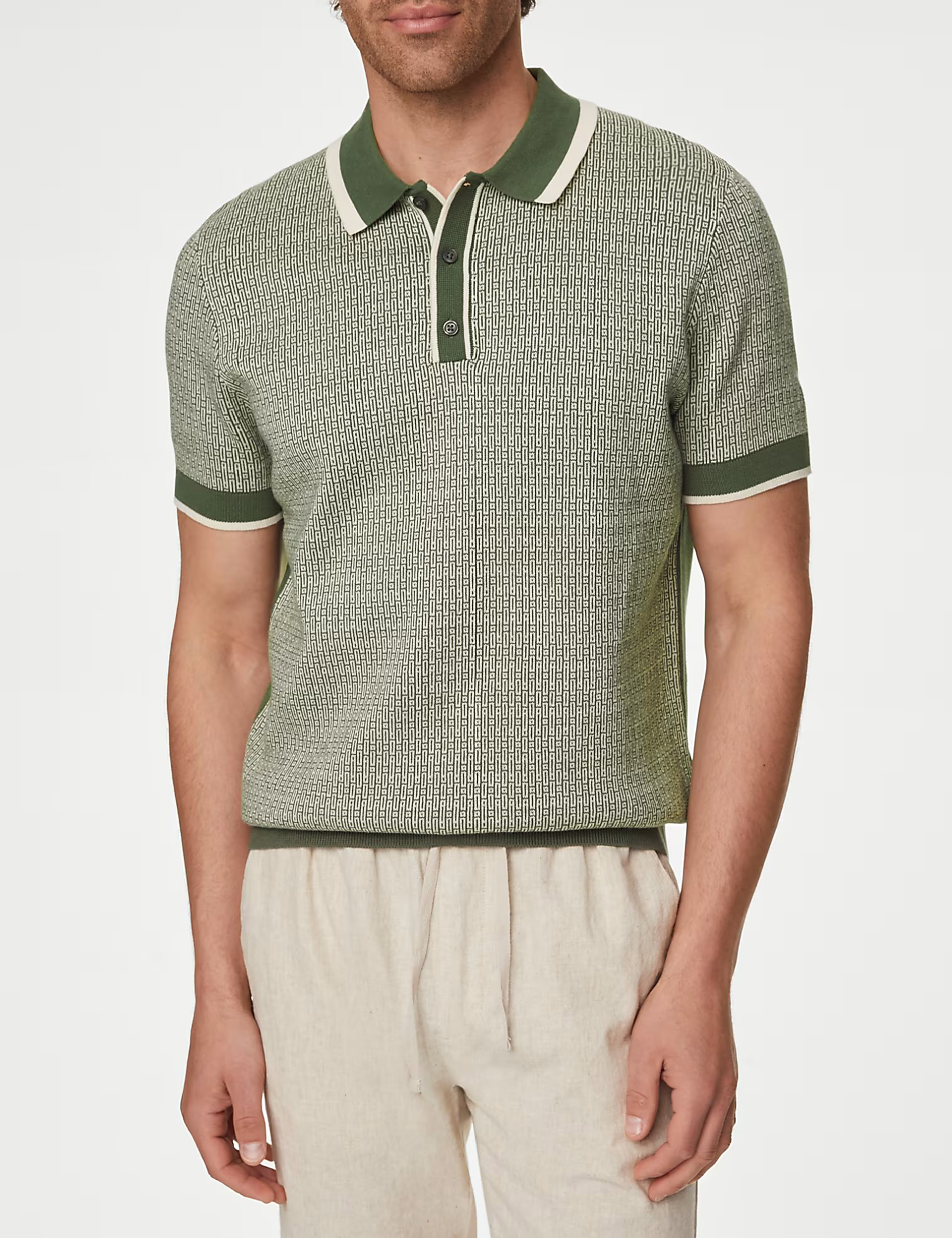 Men's Green Contrast Collar Knit Polo Shirt