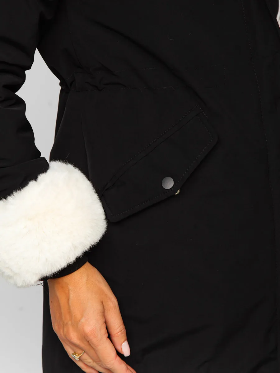 Black women's winter parka jacket with hood