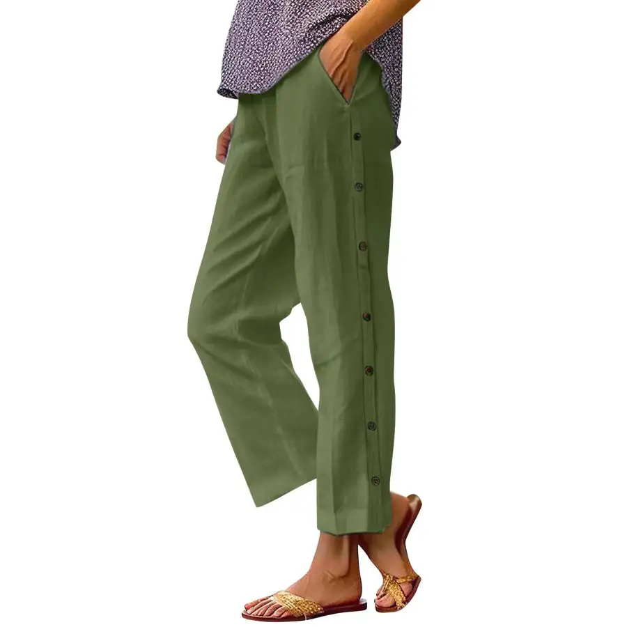 Full Size Side Decor Button Casual Wide Leg Pants Plus Size