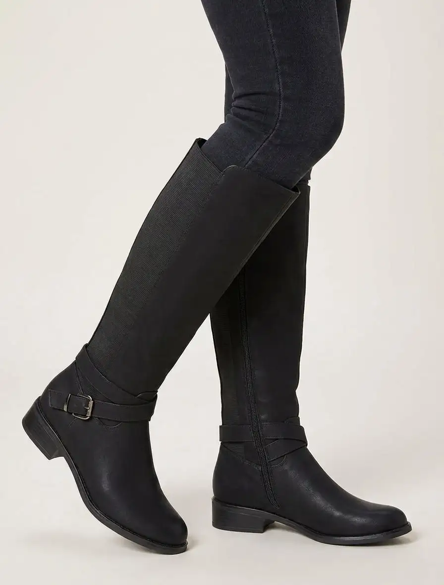 Statement Stretch Panel Strap Detail Buckle Detail Block Heel Knee High Boots
