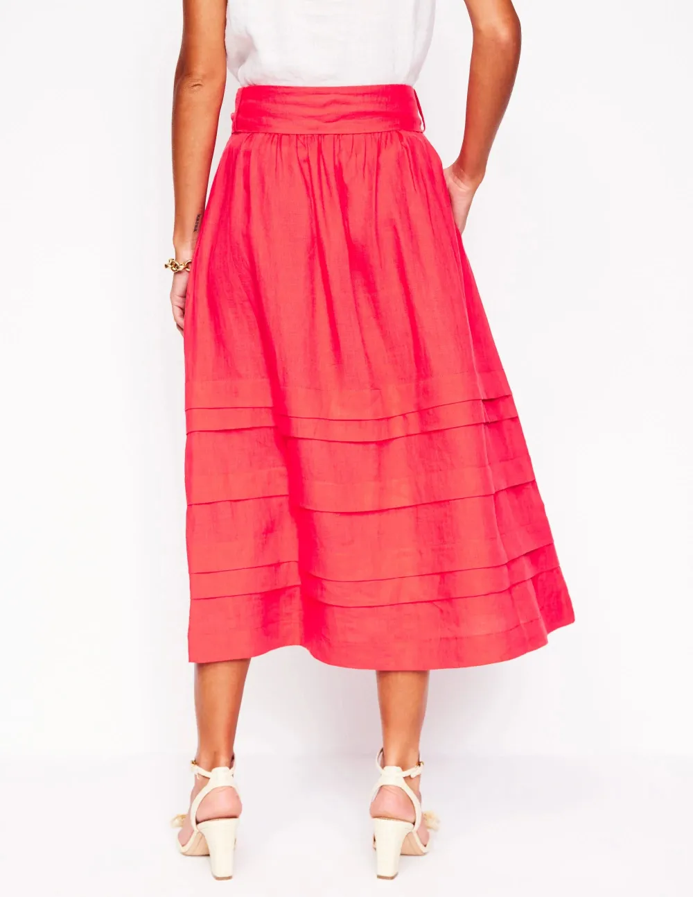 Pintuck Casual Linen Midi Skirt