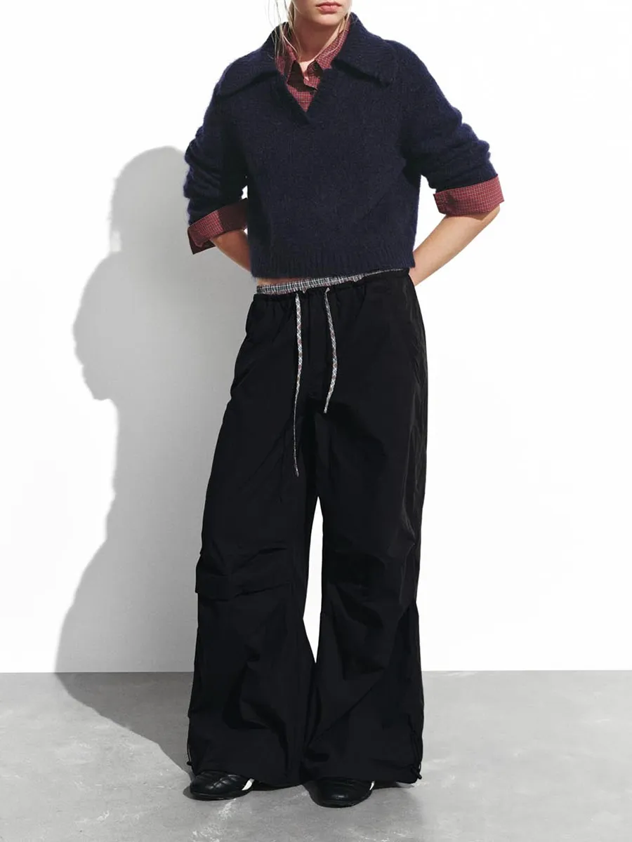 Women's Black And Blue Checkered Wide-Leg Pants With A Casual Style