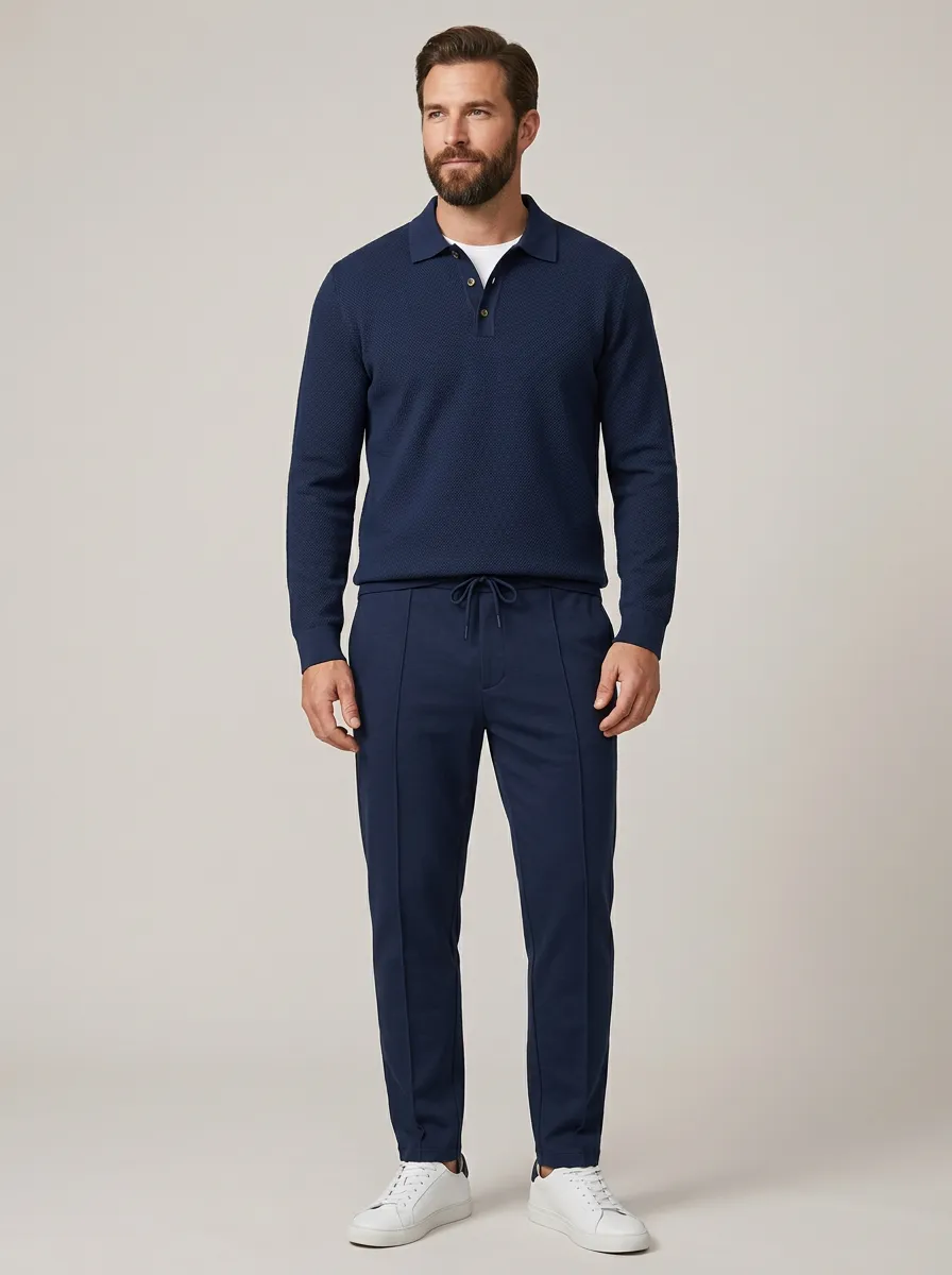 Men's Everyday Textured Minimal Polo Collar Jacket and Jogger Pants Set