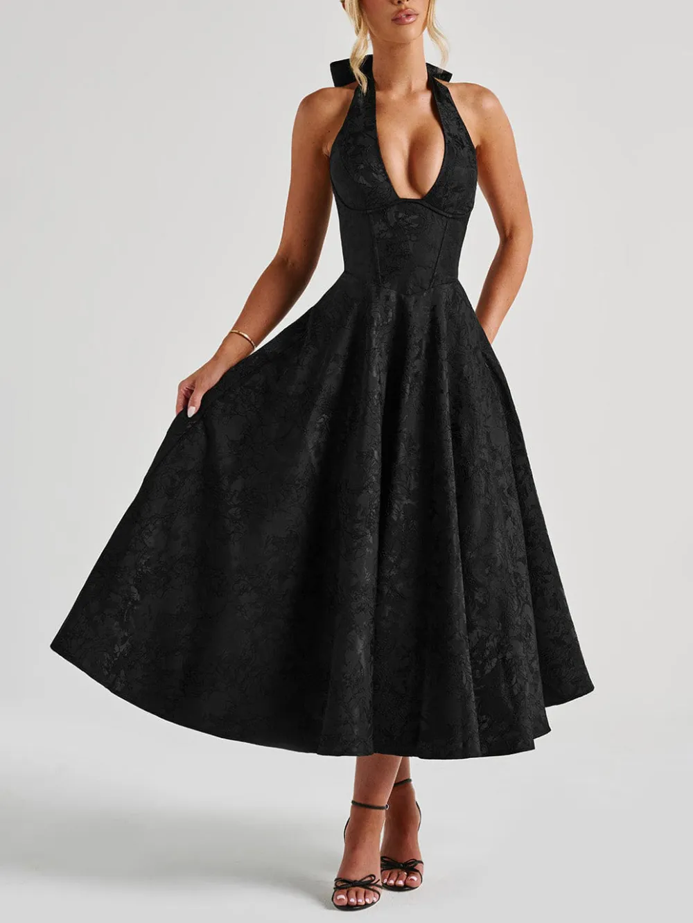 Vintage Elegant Jacquard V Neck Halter Midi Dress