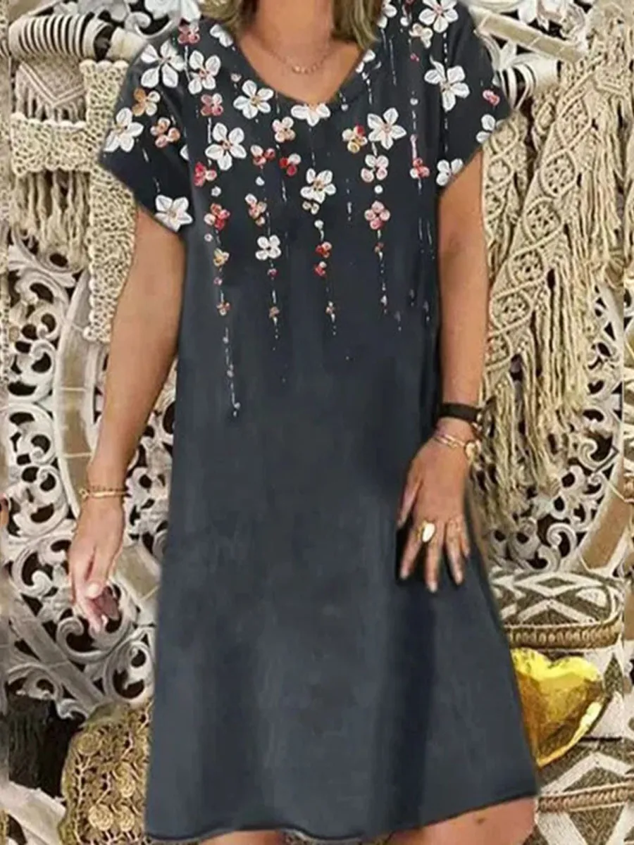 Casual Floral Print Short Sleeve V-Neck Midi Dress