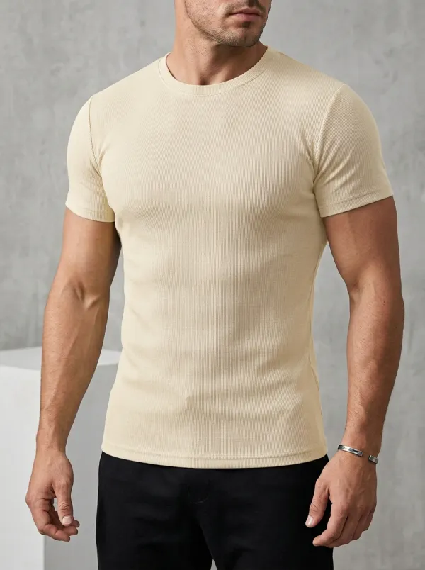 Streamlined Ribbed Crew Neck Detail Men's Slim Fit Short Sleeve T-Shirt