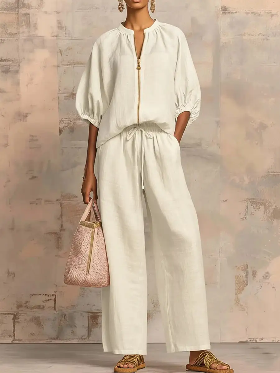 Half Sleeve Relaxed Drawstring Blouse And Pants Set