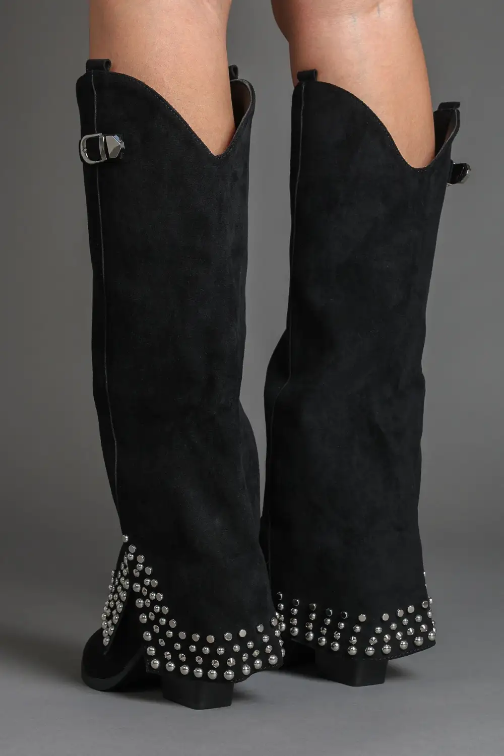 Refined Western Slouch Fold-Over Studded Knee High Boots