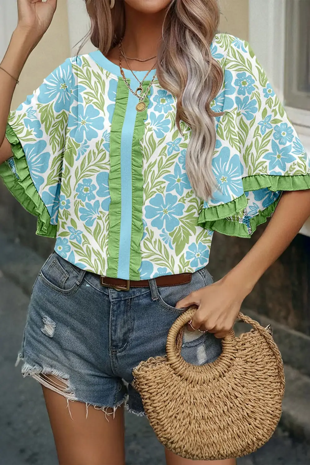 Floral Ruffle Trim Half Sleeve Blouse