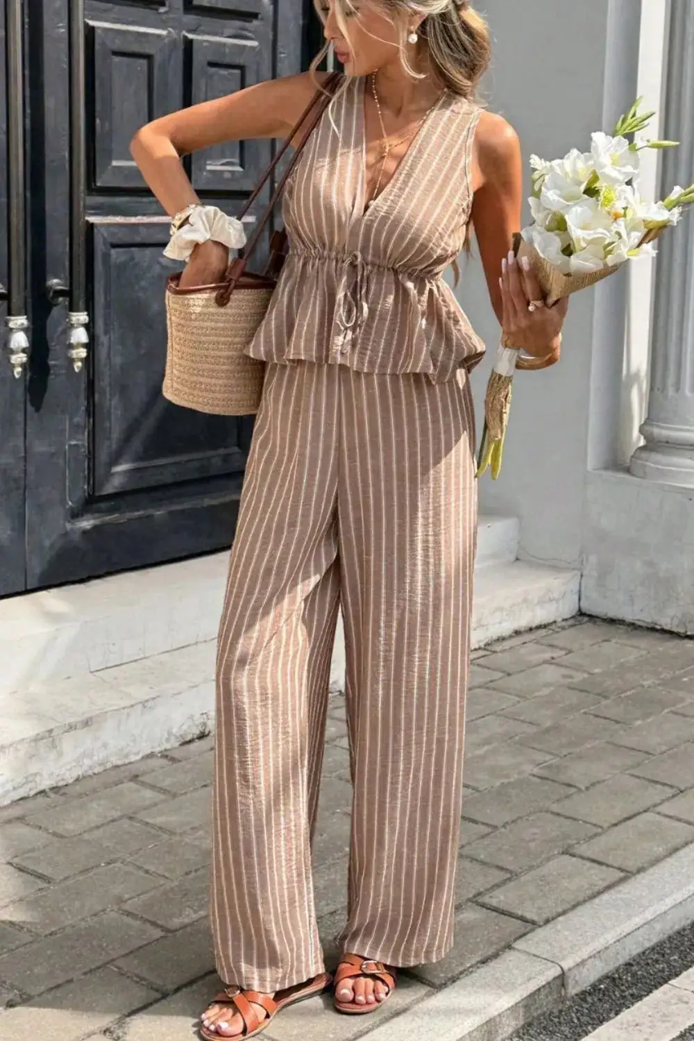 Textured Striped Sleeveless Top and Wide Leg Pants Set