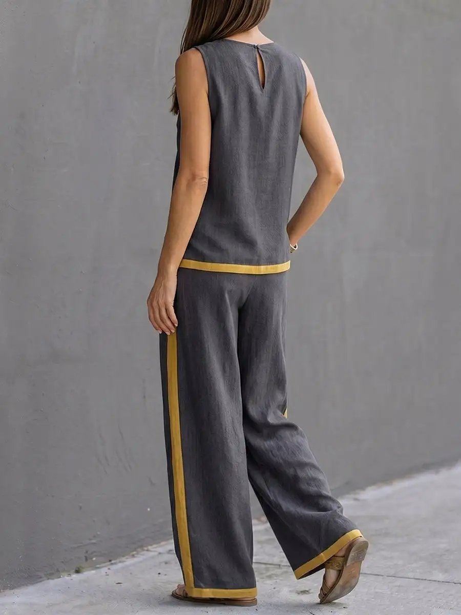 High Waist Round Neck Top And Pants Set