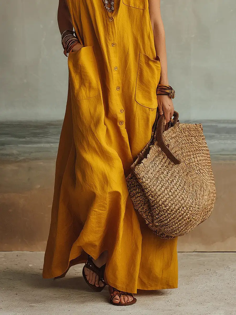 Loose Buttoned Sleeveless Maxi Dress
