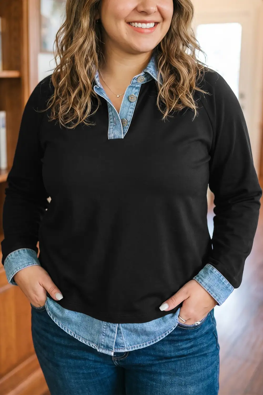Color Block V Neck Denim Accent Relaxed Cotton Blend Long Sleeve Top