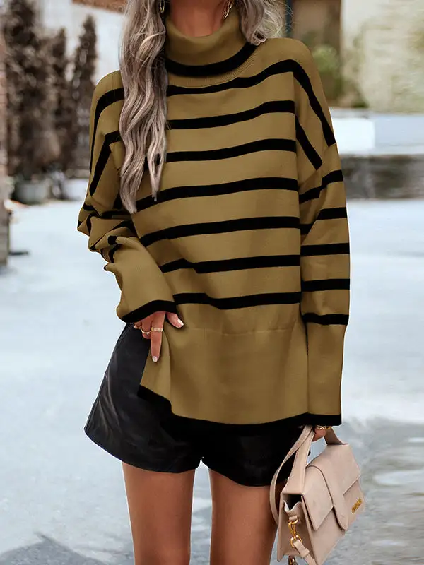Striped Split Hem High Neck Long Sleeve Relaxed Fit Pullover Sweater
