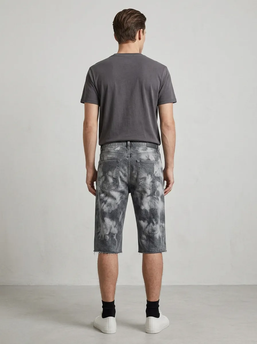 Men's Distressed Raw Hem Acid Wash Distressed Denim Shorts