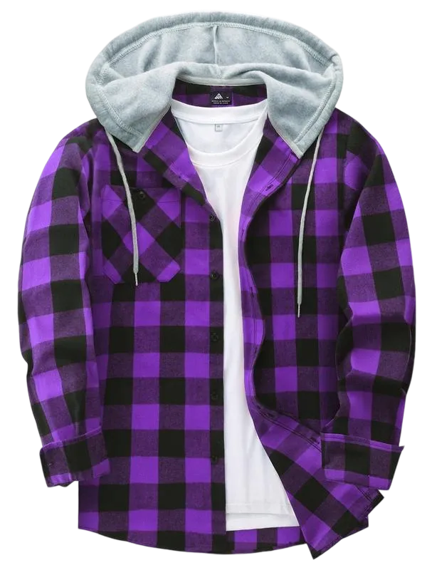 Men's Plaid Print Button Front Drawstring Hooded Shirt, Regular Fit Casual Long Sleeve Pocket Top, Men's Clothes for Daily Wear