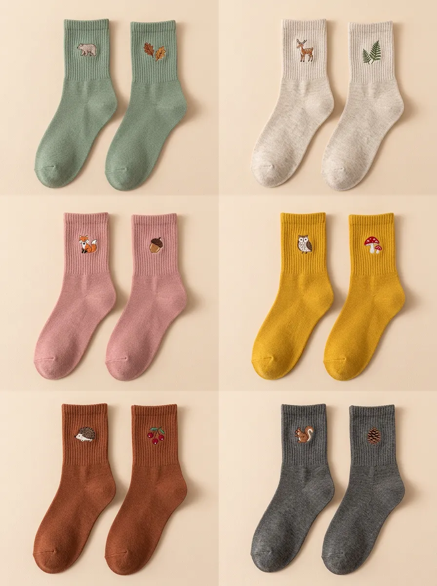 Women's Nature Embroidered Ribbed Crew Socks Six Pair Set