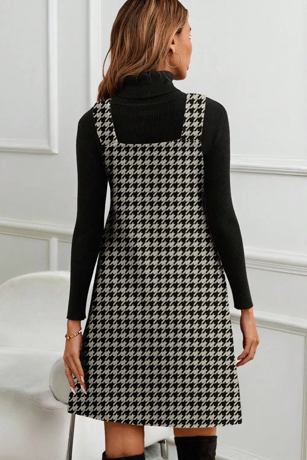 Houndstooth V Neck Sleeveless Mini Dress