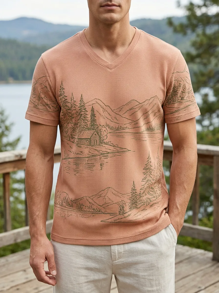 Men's Nature Lover Mountain Cabin Forest Printed V-Neck T-Shirt