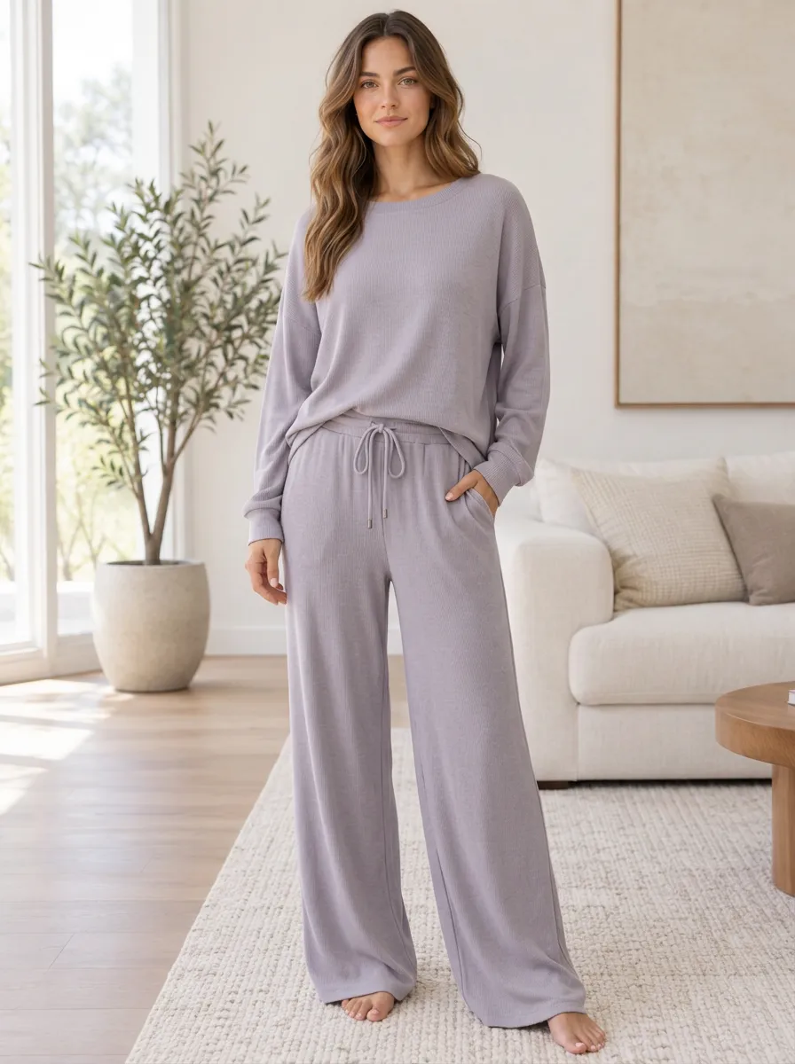 Women's Ribbed Weekend Ready Wide Leg Pajama Set