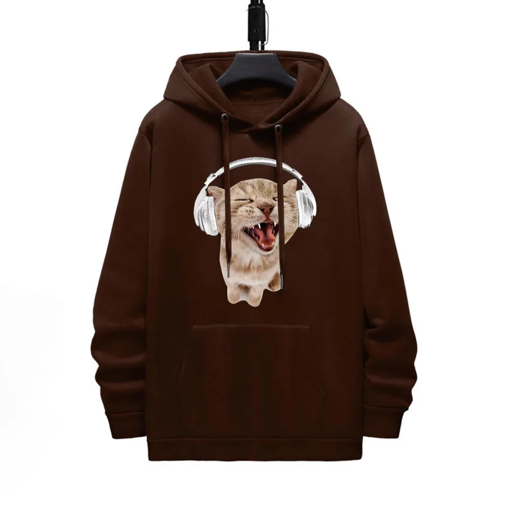 Cute Cat Listening Music Pattern Printed Hoodie