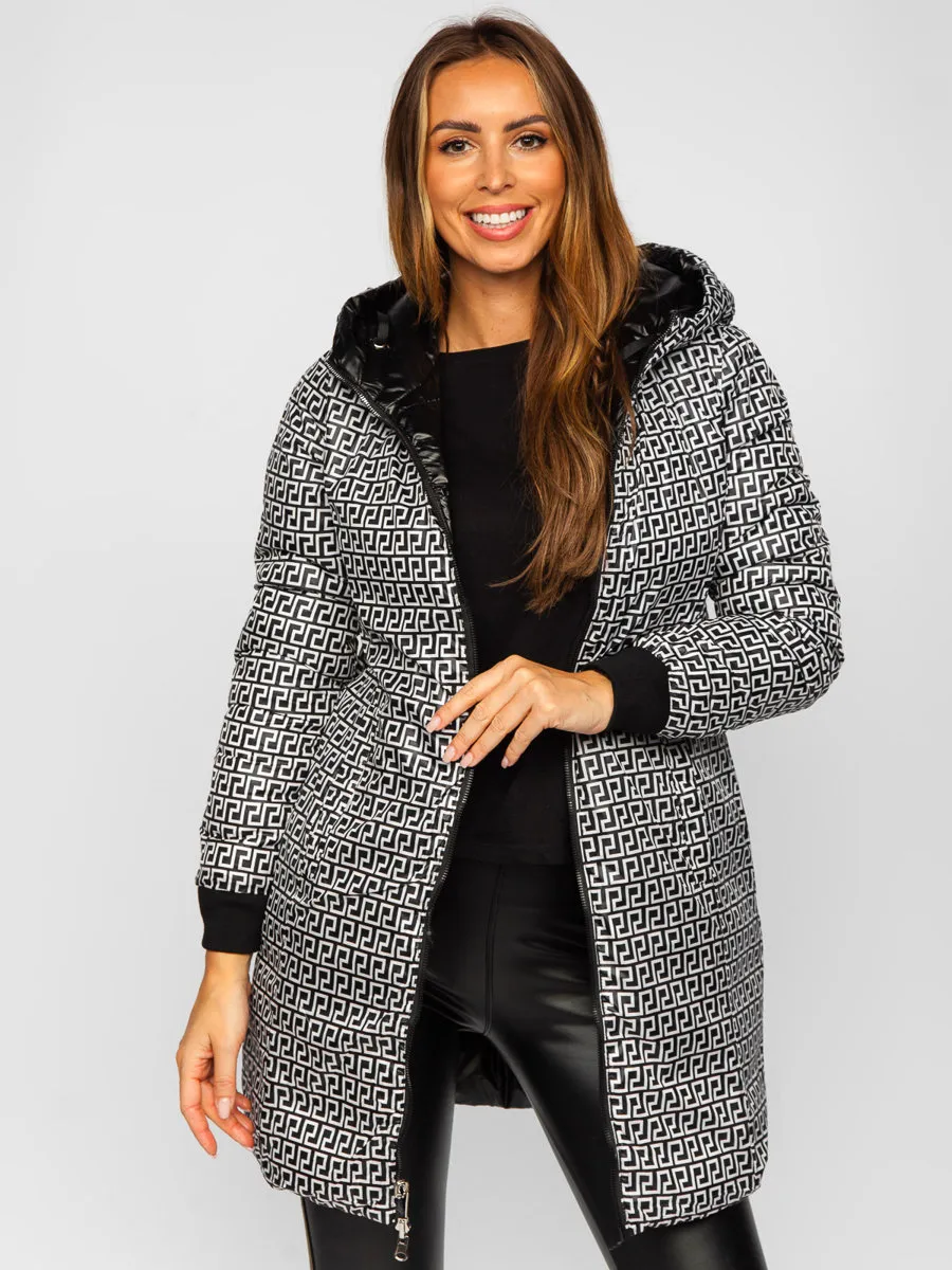 women's black long double-sided quilted winter jacket with hood