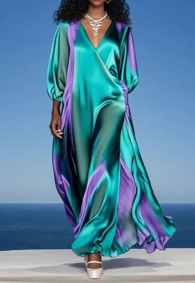 Satin Gradient V Neck Maxi Dress
