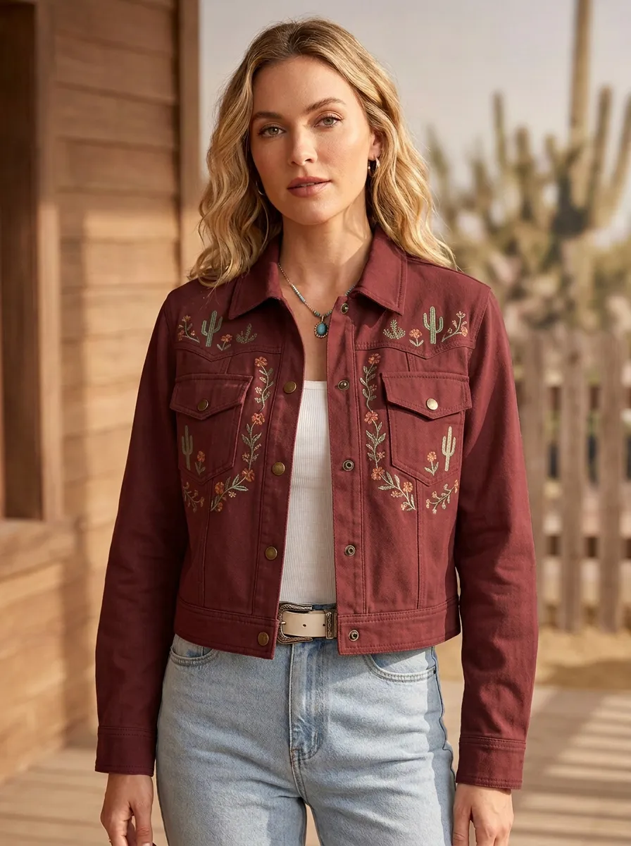 Women's Western Cactus Desert Floral Embroidery Floral Embroidered Jacket