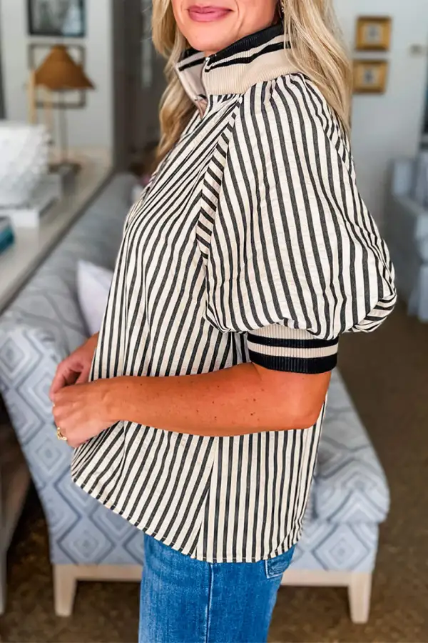 Striped Collared Zip Front Puff Sleeve Blouse