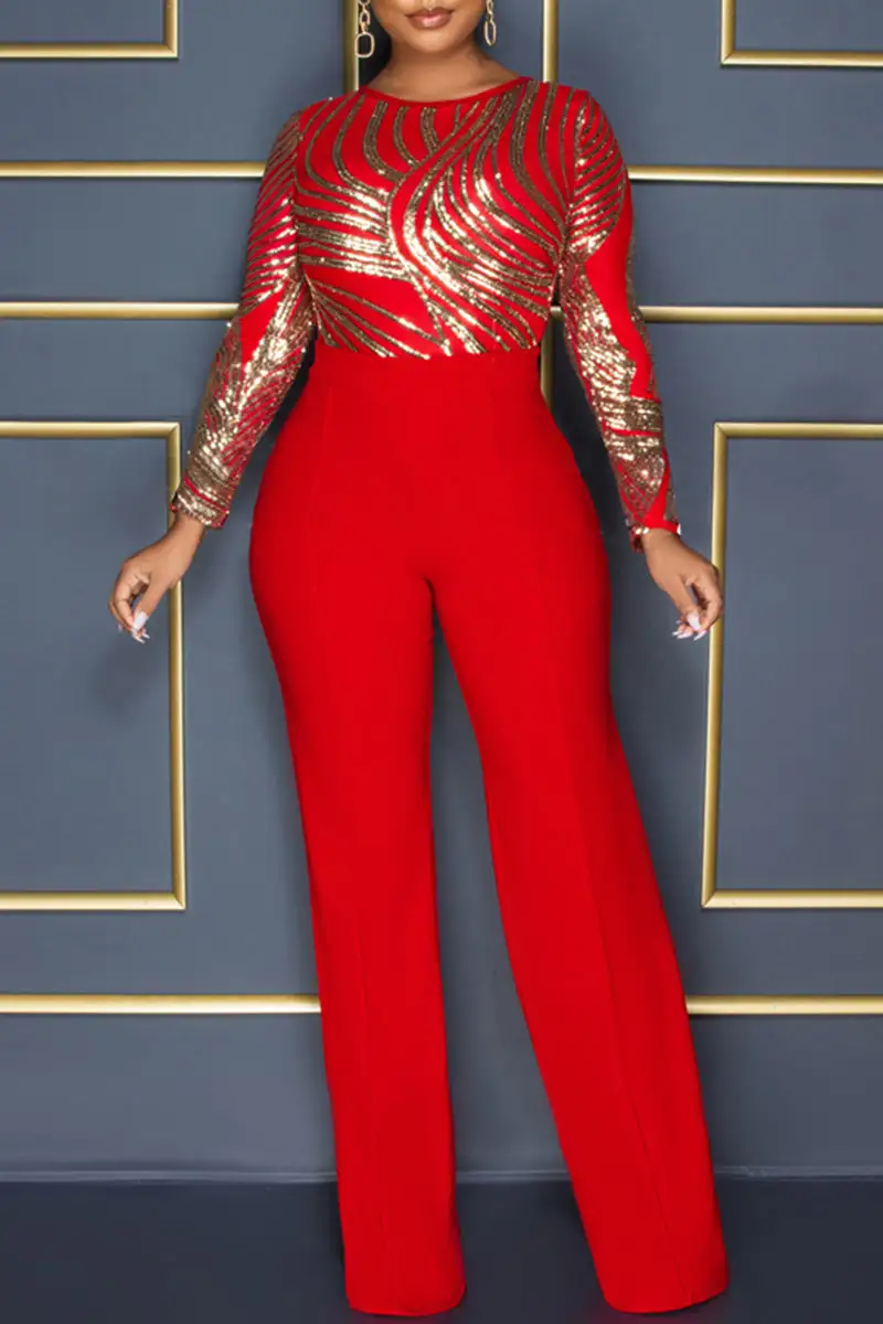 Fashion Casual Patchwork Sequins O Neck Regular Jumpsuits