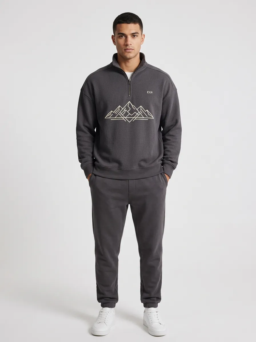 Men's Outdoor Mountain Line-Art Graphic Zip-Neck Sweatshirt