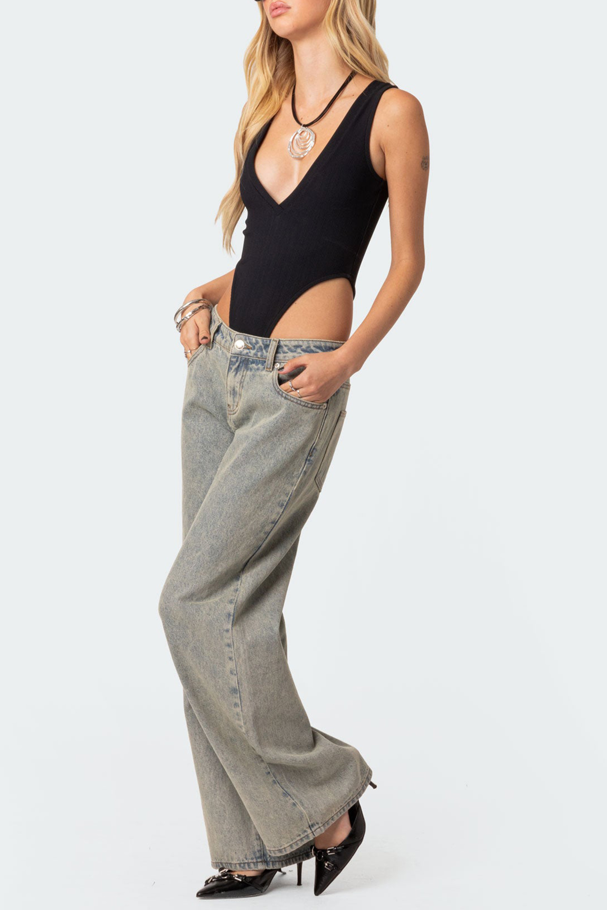 White High Cut Ribbed V Neck Bodysuit