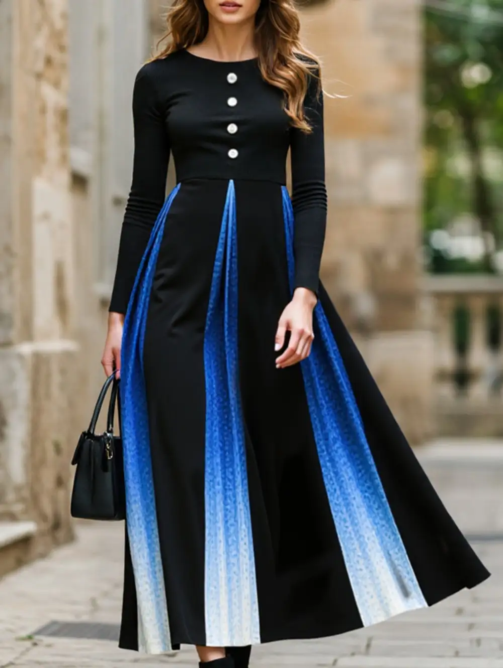 Gradient Button Round Neck Long Sleeve Dress