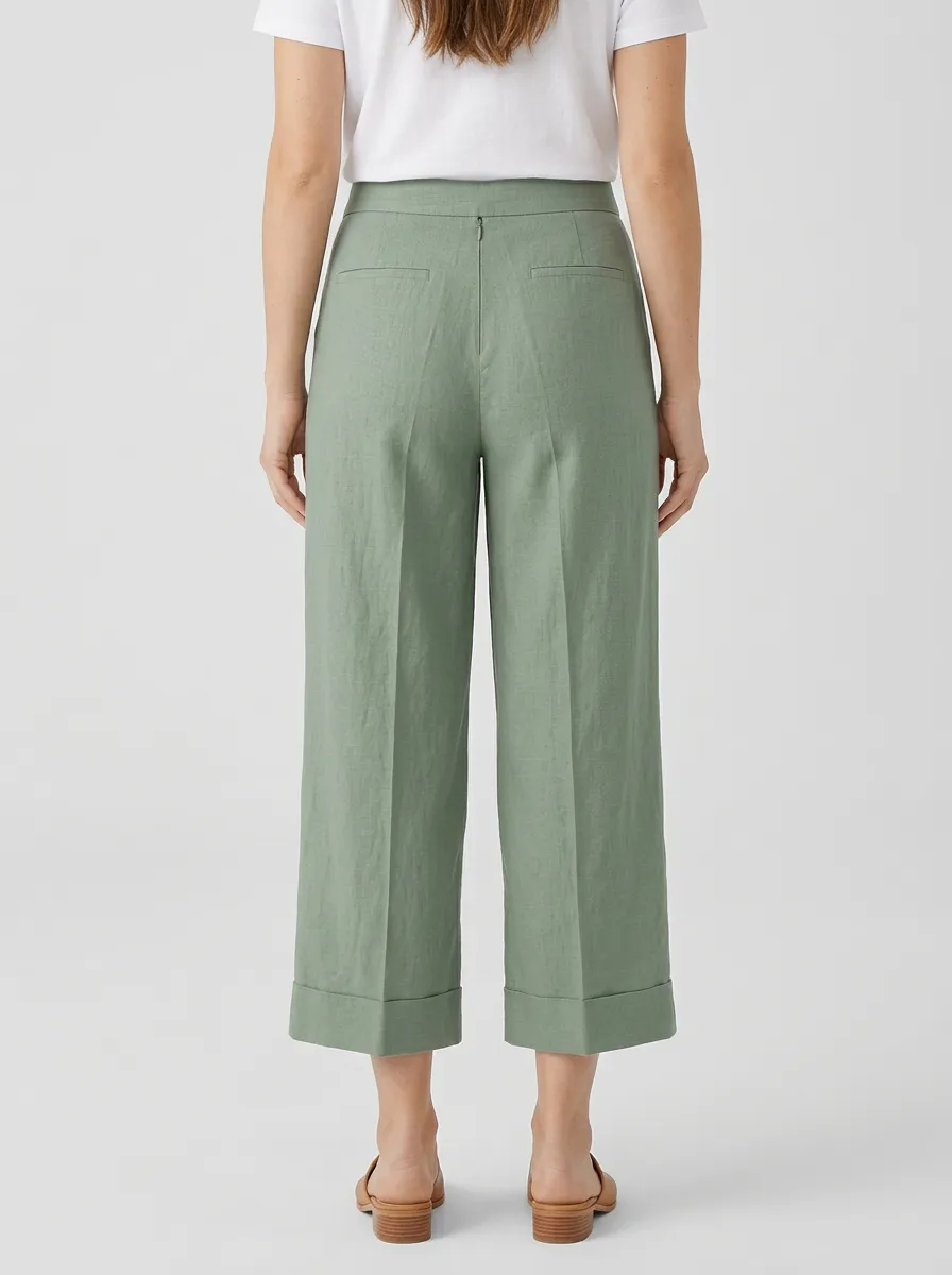 Relaxed Pleated Detail Wide Leg Finish Women's Cropped Pants