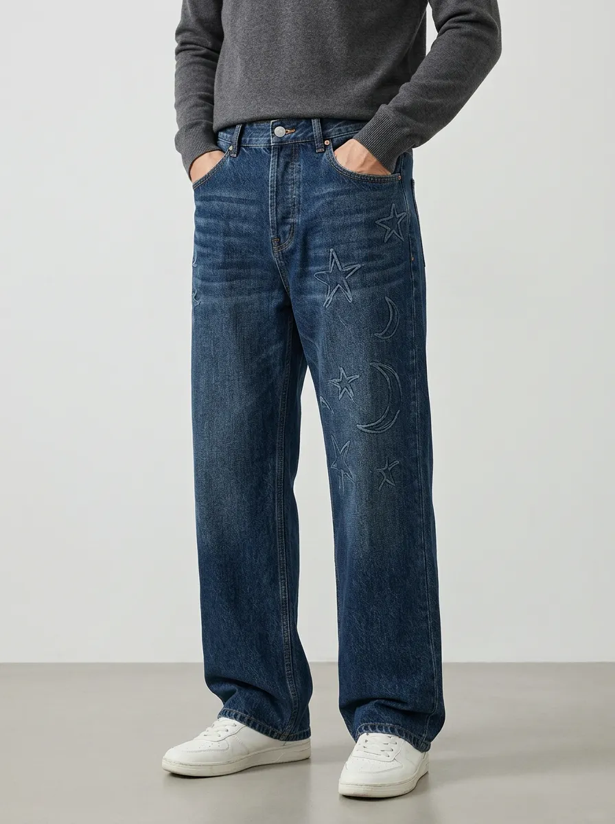 Men's Loose Fit Jeans with Wide Leg Embroidered Detail Celestial Graphic Star-and-Moon Graphic