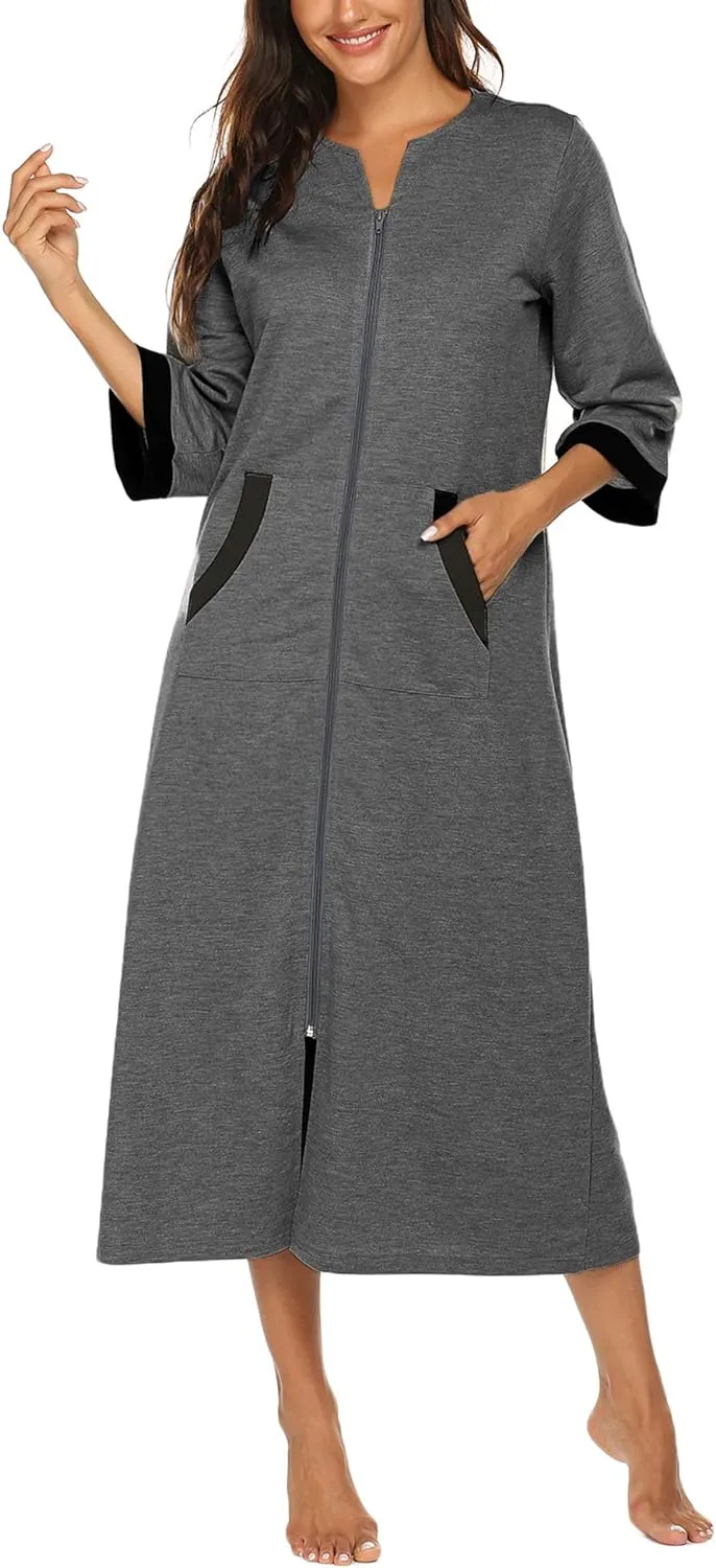 50% OFF Women Zipper Robe 3/4 Sleeves Loungewear Dress Full Length Sleepwear Pockets Housecoat Nightgown Long Bathrobe