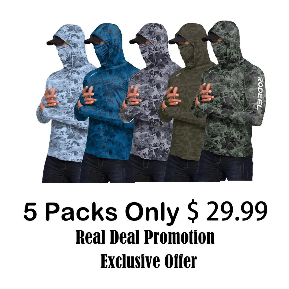 Sun Hoodie Shirt w/ UV Detection Mask Neck Gaiter Thumbhole Men UPF 100+ Sun Protection Raglan Long Sleeve Lightweight Quick Dry Moisture Wicking Breathable Cooling Athletic Activewear for Outdoor Hiking Fishing Construction Roofing Landscaping