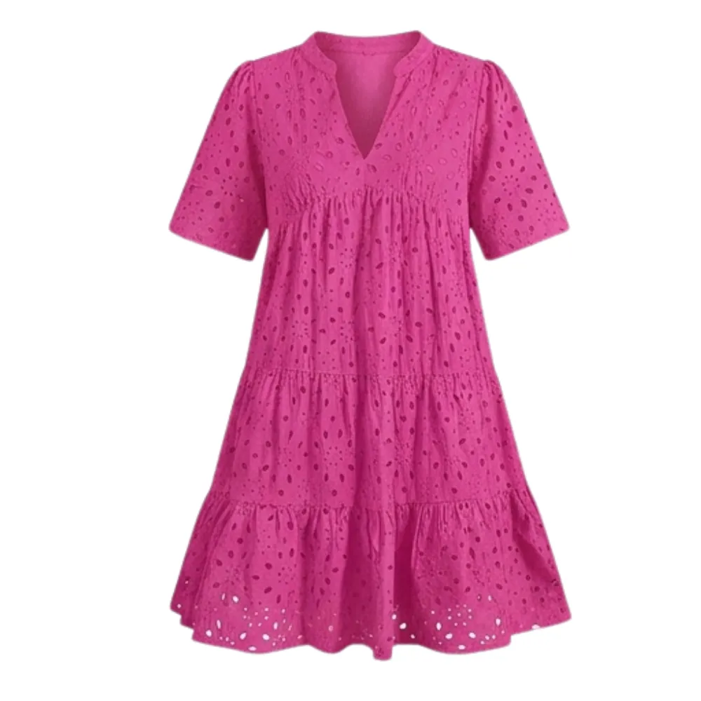 V Neck Flowy Eyelet Midi Dress