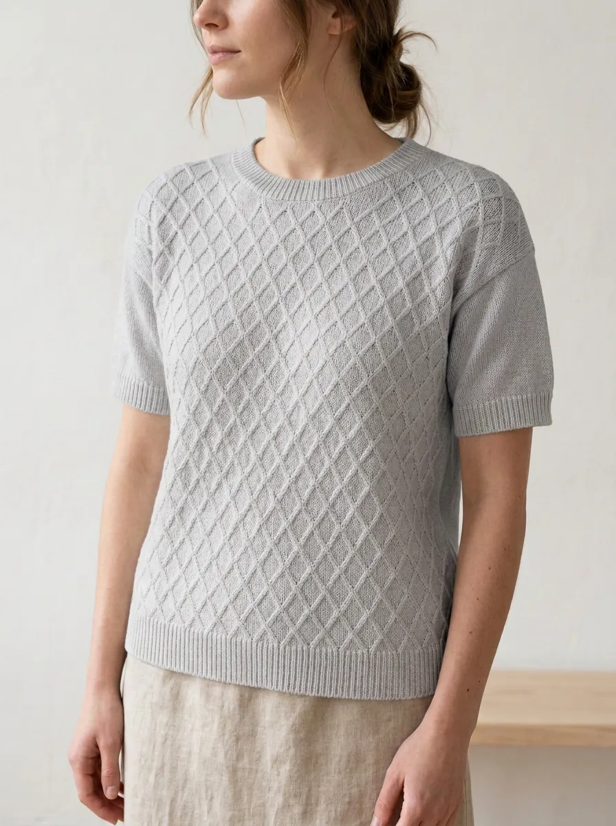 Women's Crew-Neck Diamond-Texture Knit T-Shirt