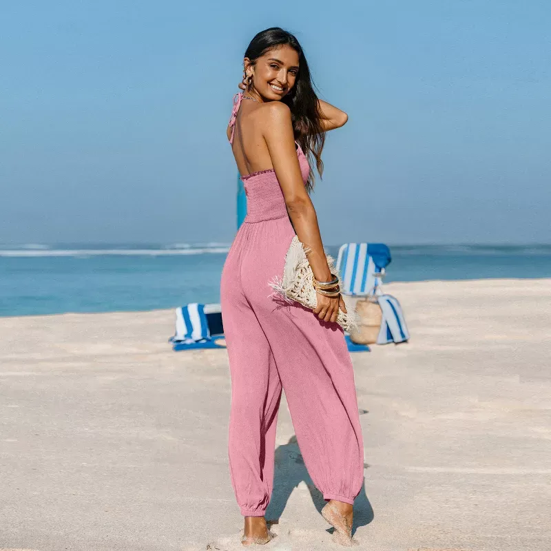 Women'S Basic Plunge Halter Sleeveless Pleated Long Romper Knit Jogger Maxi Jumpsuit With Pockets Spring Summer Womenswear Overalls