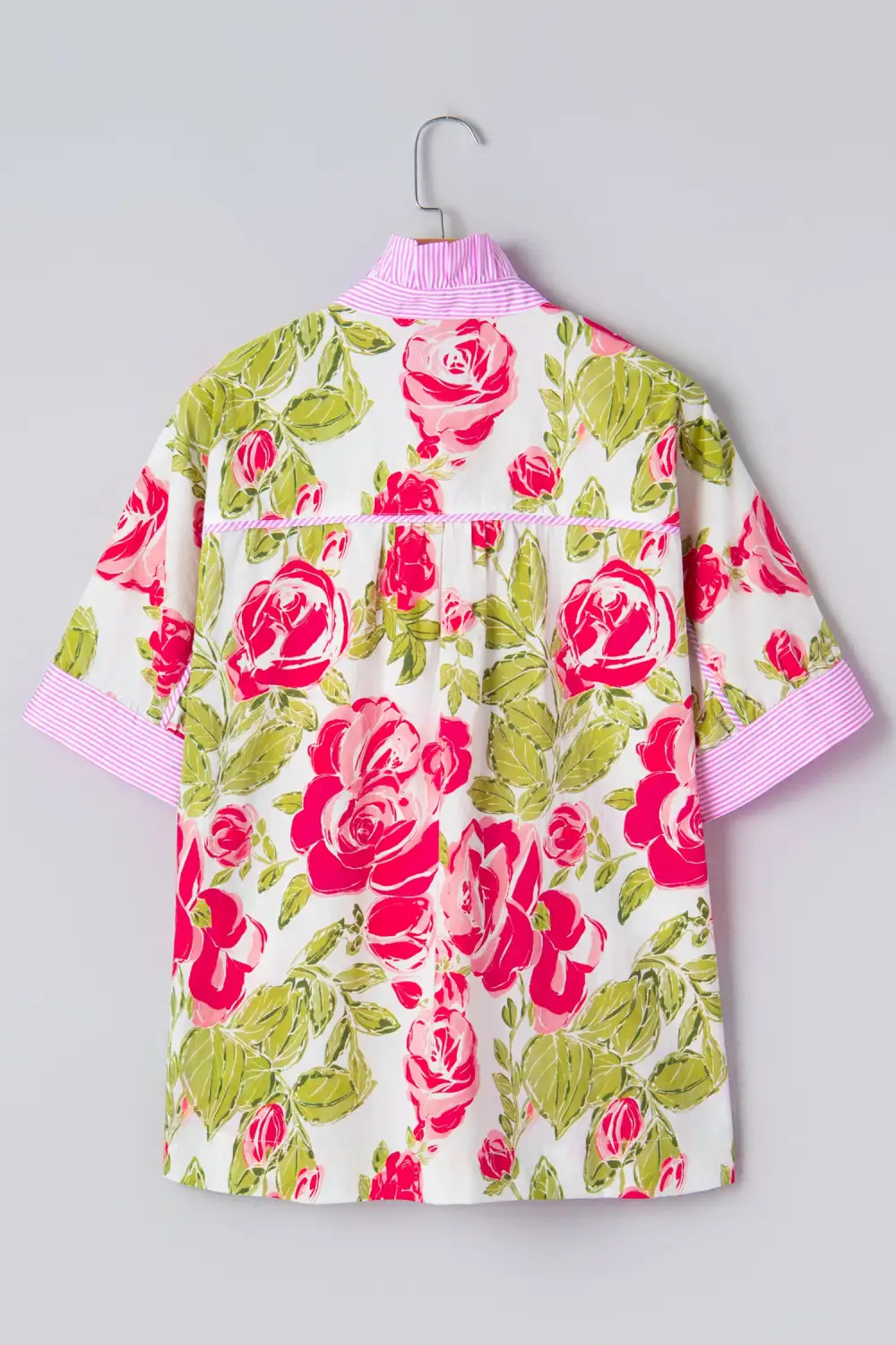 Pink Flower Print Striped Trim Frilled Collar Short Sleeve Shirt