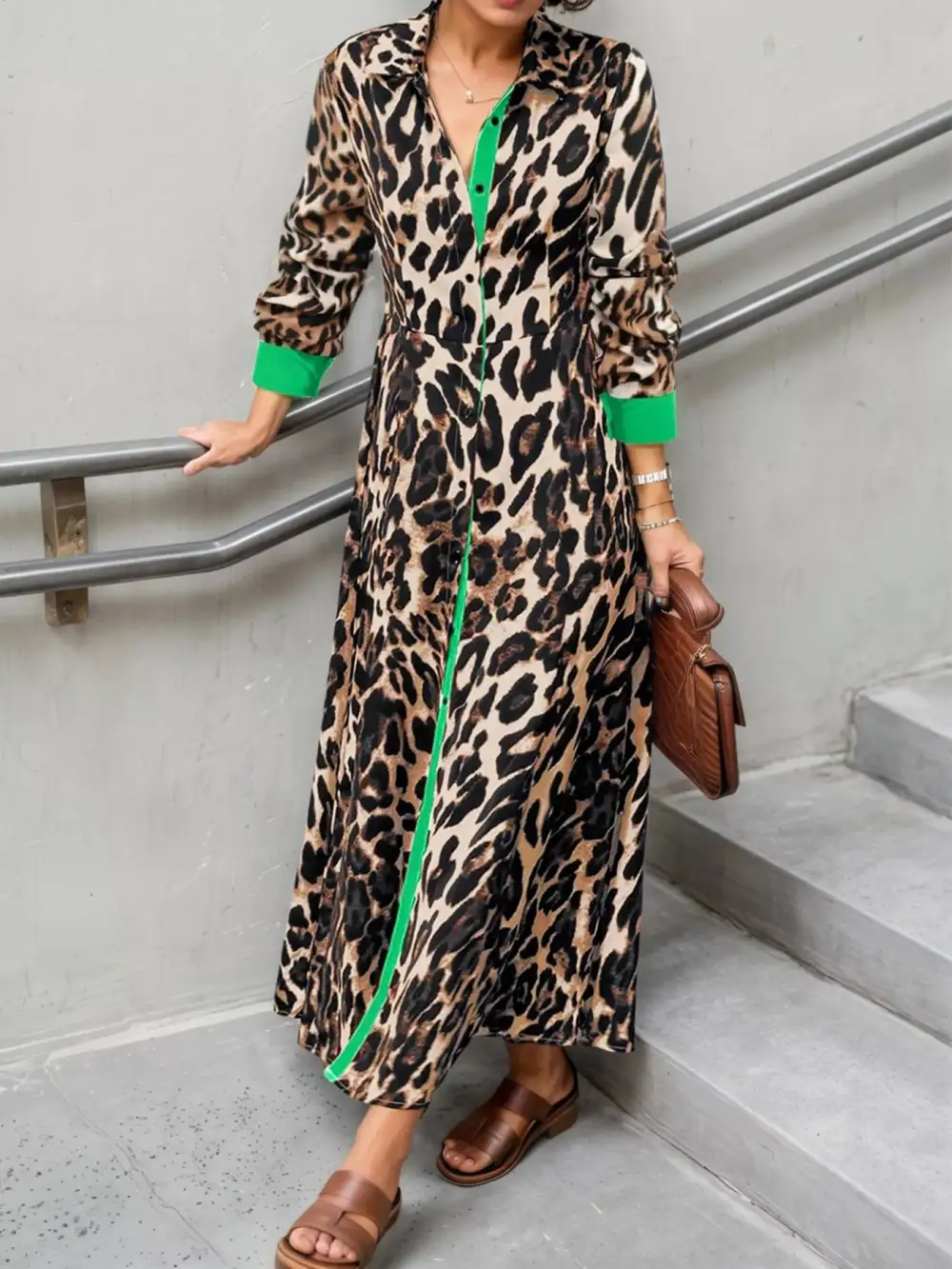Long Sleeve Printed Colorblock Maxi Dress