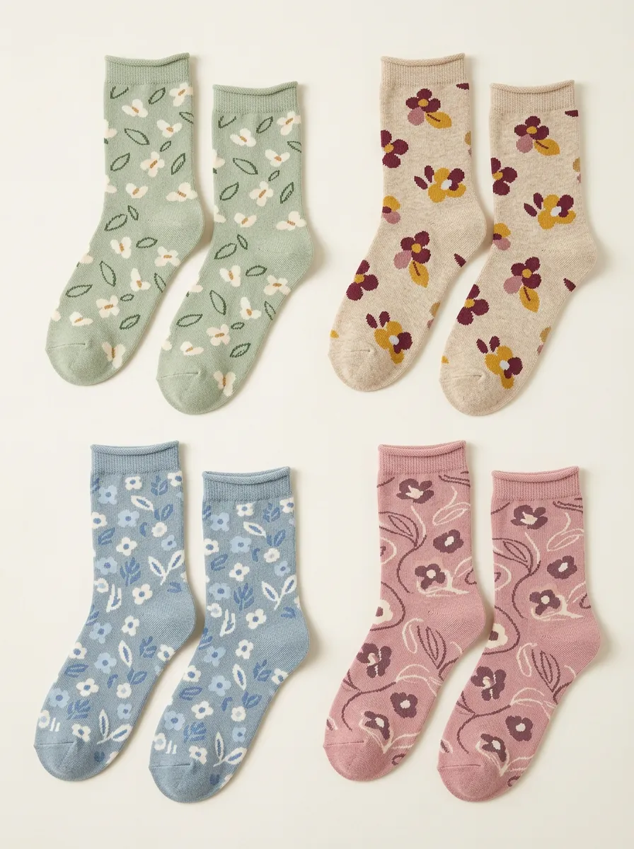 Women's Botanical Floral Crew Socks Four Pair Set