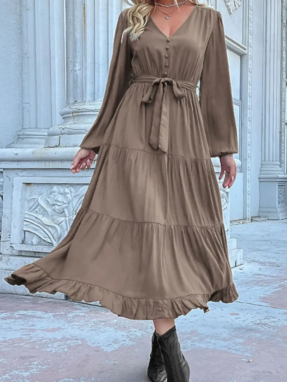 Smooth Finish V Neck Ruffle Dress