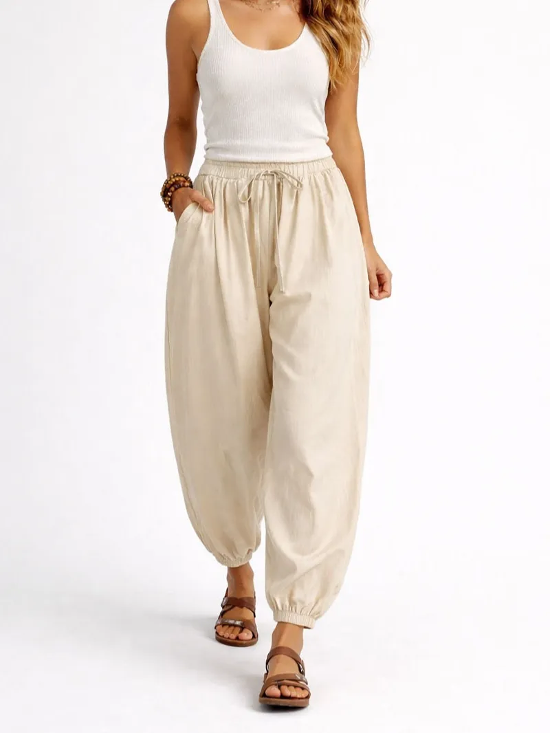 Solid Color Elastic Waist Drawstring Lantern Pants