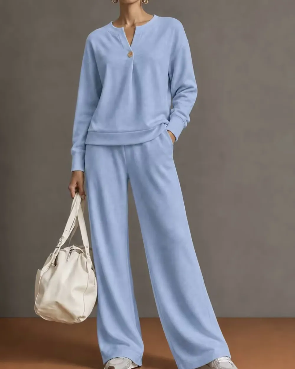 V-Neck One-Button Sweatshirt Set